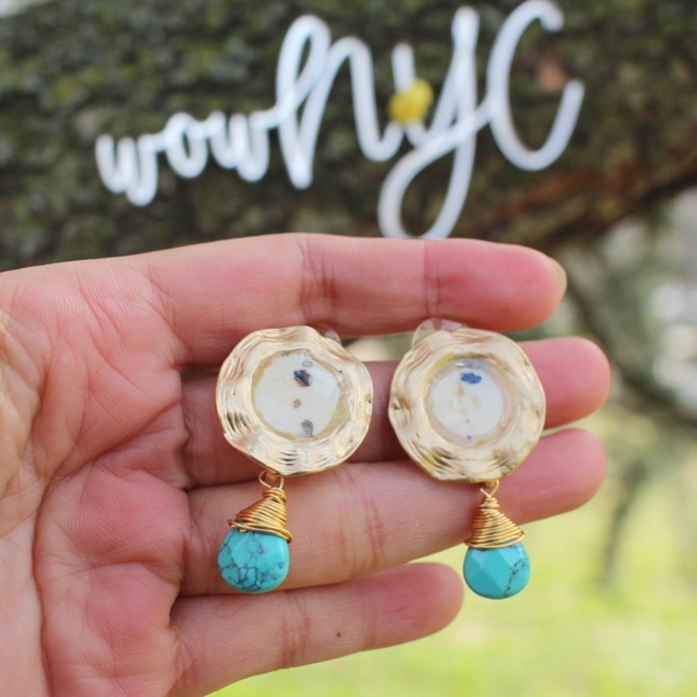 New Gold Crushed Shell Turquoise Drop Earrings